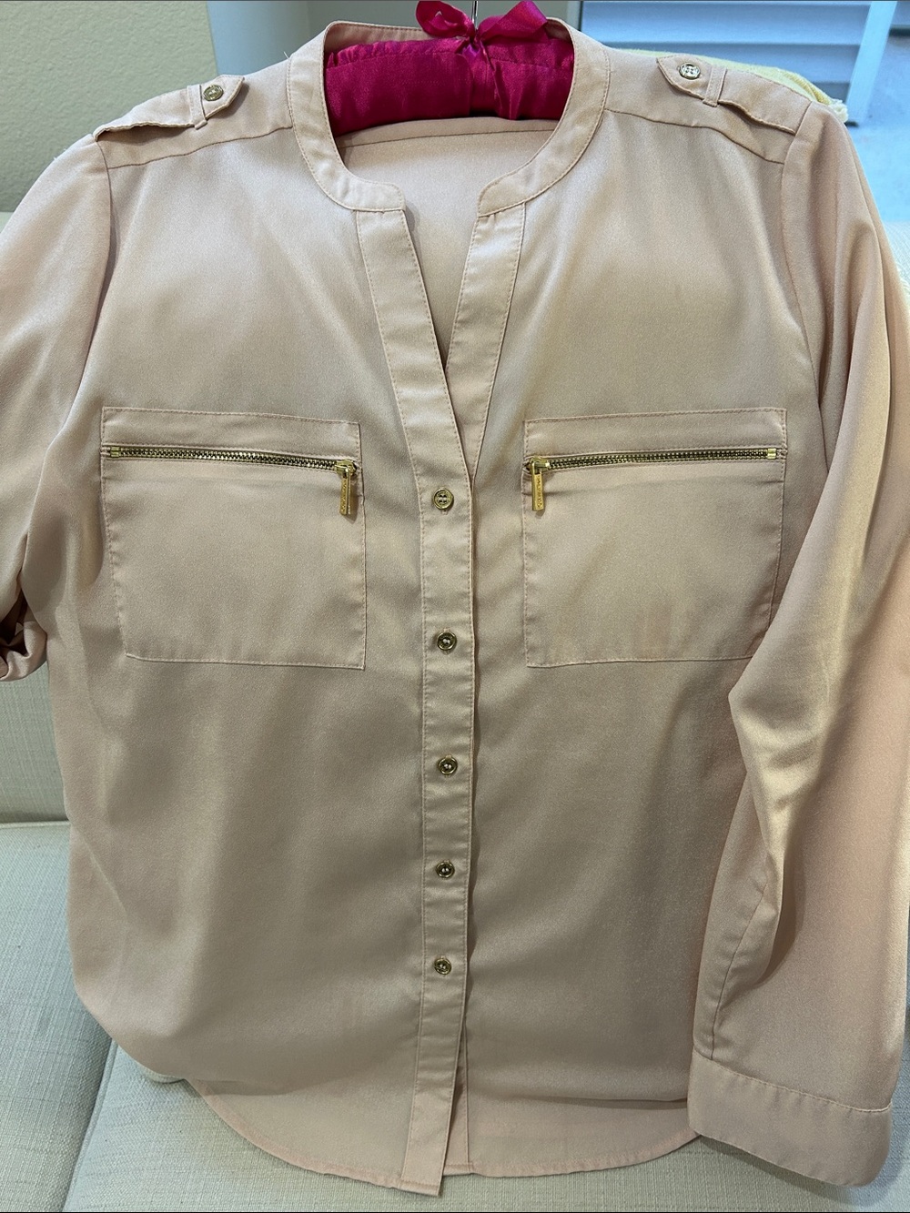 Calvin Klein Blush Pink Button-Front Blouse with Zip Pockets
